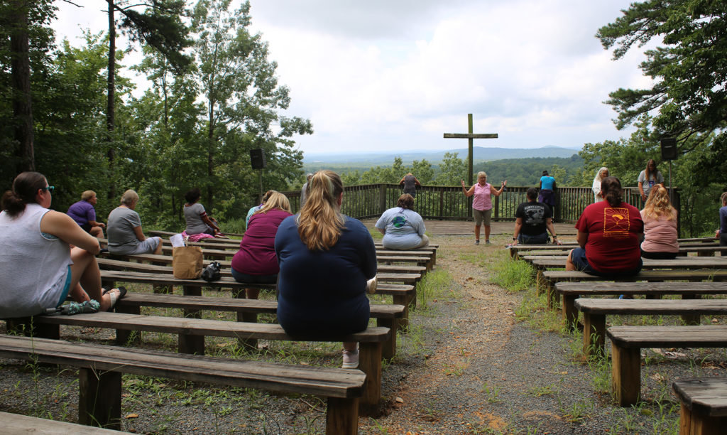 Camp Mundo Vista's outdoor chapel offers a panoramic view of North Carolina's Uwharrie Mountains.  "We're on this beautiful mountaintop," retreat participant Martha Knight said.  "You just feel so immersed with God out here."